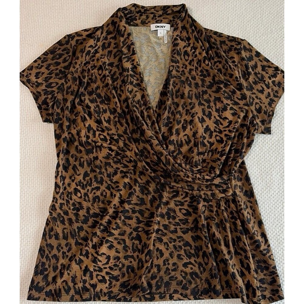 DKNY Women's Leopard Print Faux-Wrap Top – Size XL